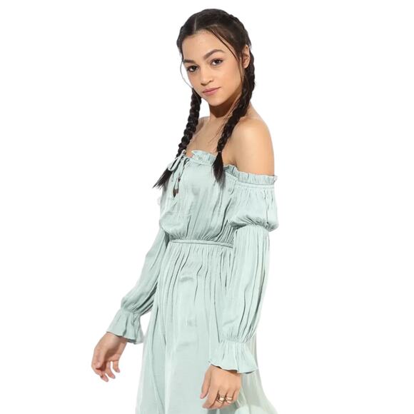 Forever 21 Green Off Shoulder Ruffle Tie Long Sleeve Elastic Waist Mini Dress M - Picture 3 of 9